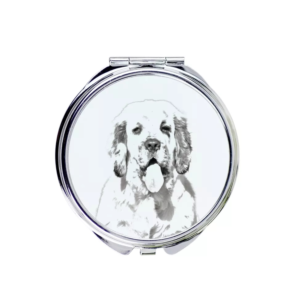 Clumber Spaniel - Taschenspiegel mit Hund, personalisierter Taschenspiegel, kompakter Spiegel mit Art-Dog-Logo