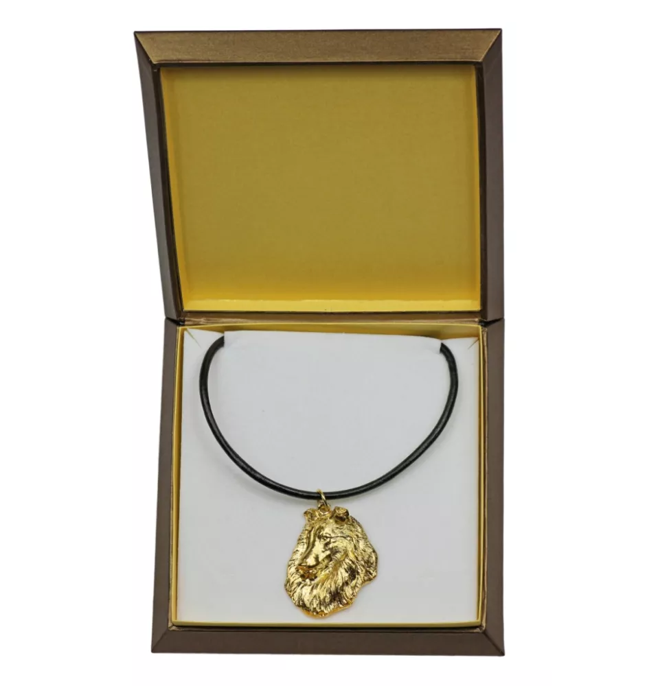 Langhaarcollie, Langhaariger Schottischer Schaferhund - Hundehalsband in Geschenkbox, vergoldeter Anhänger für Hundefans, auffälliger Schmuck von Art-Dog