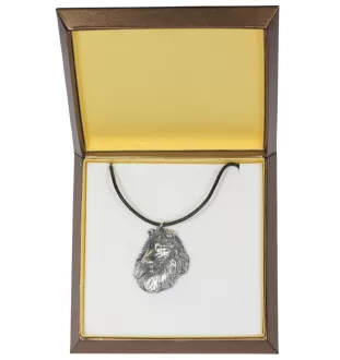 Langhaarcollie, Langhaariger Schottischer Schaferhund - Hundehalsband in Geschenkbox, versilbertes Medaillon für Hundefans, markanter Anhänger der Marke Art-Dog