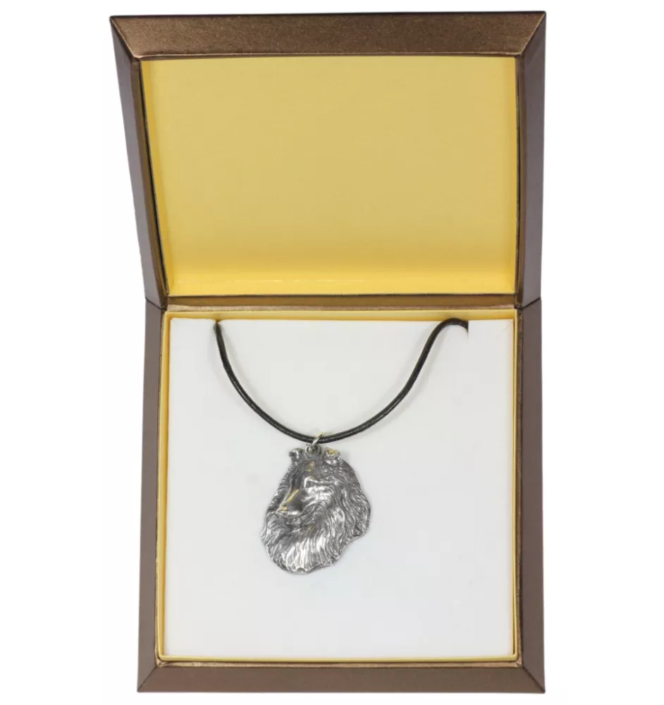 Langhaarcollie, Langhaariger Schottischer Schaferhund - Hundehalsband in Geschenkbox, versilbertes Medaillon für Hundefans, markanter Anhänger der Marke Art-Dog