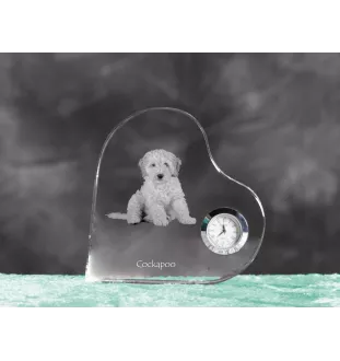 Cockapoo, Cockerpoo, Cockerdoodle - crystal clock with a dog picture, heart-shaped shelf clock, personalized standing clock by Art-Dog brand