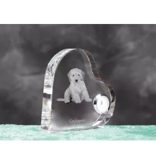 Cockapoo, Cockerpoo, Cockerdoodle - crystal clock with a dog picture, heart-shaped shelf clock, personalized standing clock by Art-Dog brand