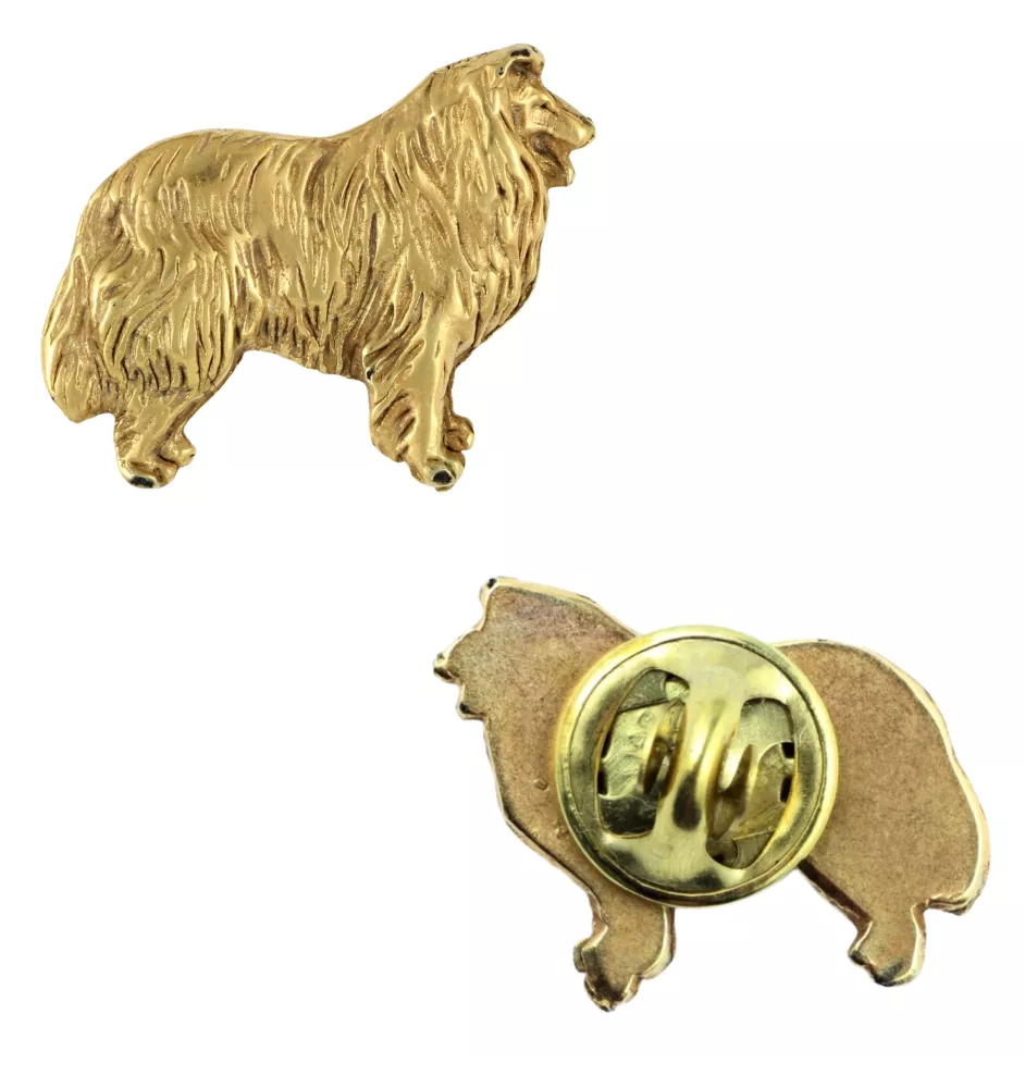 Langhaarcollie, Langhaariger Schottischer Schaferhund - Vergoldete Brosche, eleganter Hundeschmuck, einzigartige Brosche der Marke Art-Dog
