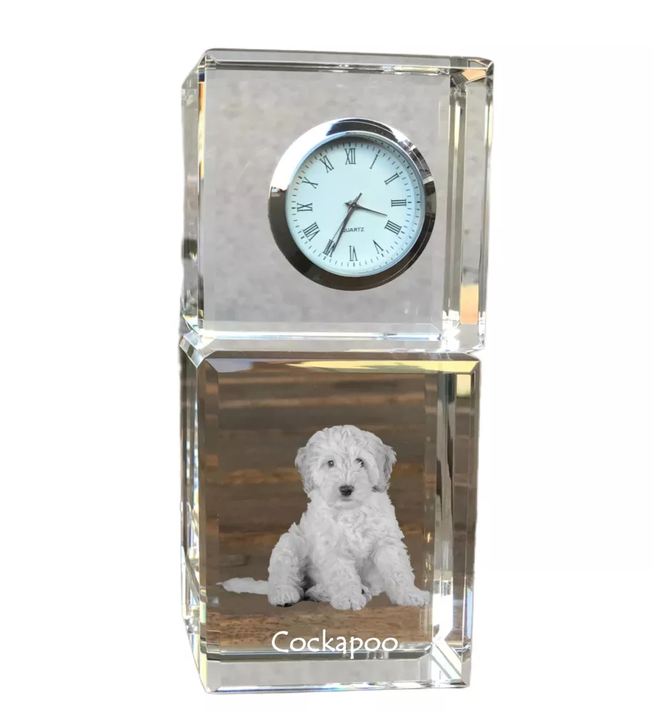 Cockapoo, Cockerpoo, Cockerdoodle - crystal clock with a photo, a photo of a dog in crystal, personalized desk clock by Art-Dog brand