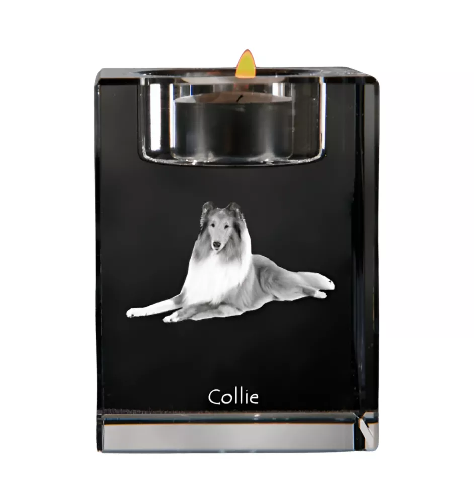 Collie à poil long, Colley à poil long, berger écossais - Bougeoir avec photo de chien, porte bougie en cristal, cadeau personnalisé par la marque Art-Dog