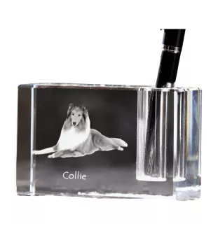 Langhaarcollie, Langhaariger Schottischer Schaferhund - Stifthalter, Kristallorganizer mit Hundefoto, einzigartige Schreibtischdekoration der Marke Art-Dog