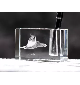 Langhaarcollie, Langhaariger Schottischer Schaferhund - Stifthalter, Kristallorganizer mit Hundefoto, einzigartige Schreibtischdekoration der Marke Art-Dog