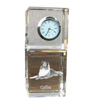 Langhaarcollie, Langhaariger Schottischer Schaferhund - Kristalluhr mit Foto, Hundebild im Kristall, personalisierte Schreibtischuhr von Art-Dog.