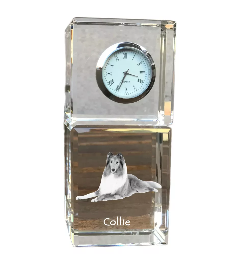 Langhaarcollie, Langhaariger Schottischer Schaferhund - Kristalluhr mit Foto, Hundebild im Kristall, personalisierte Schreibtischuhr von Art-Dog.