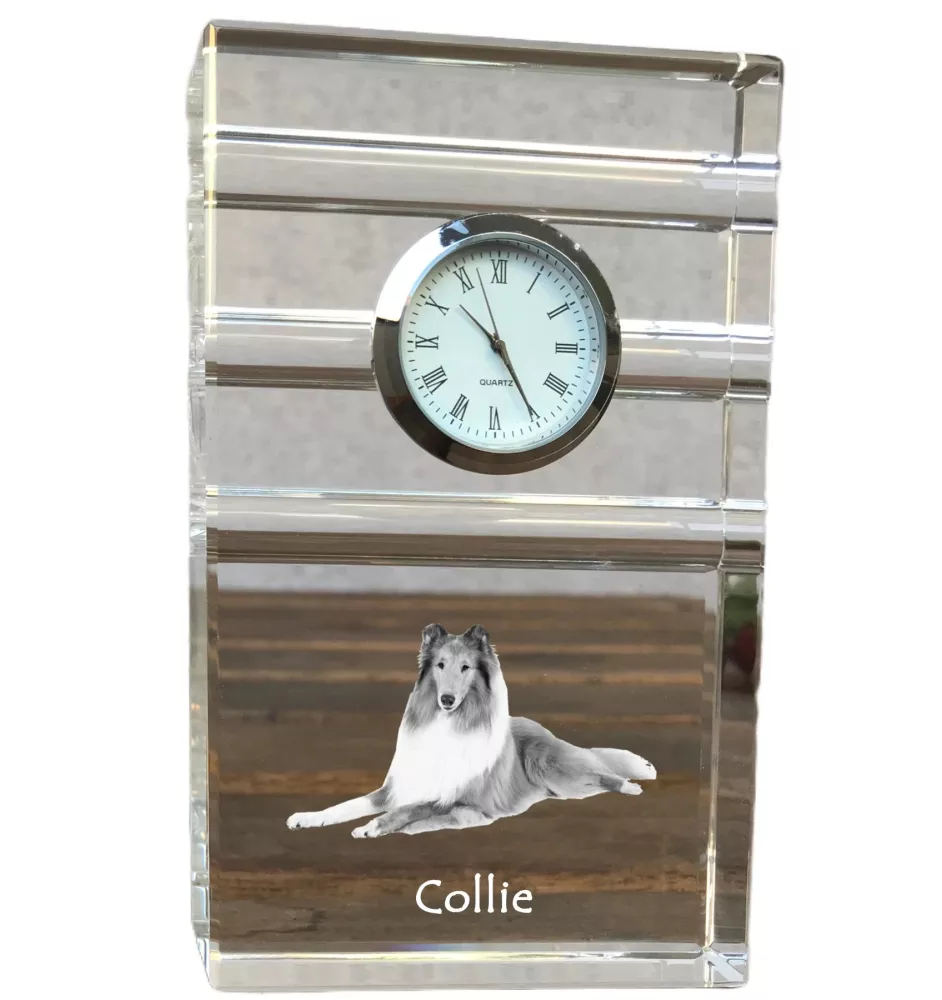 Langhaarcollie, Langhaariger Schottischer Schaferhund - Glasuhr mit Foto, Foto eines Hundes im Kristall, personalisierte Tischuhr für das Büro der Marke Art-Dog
