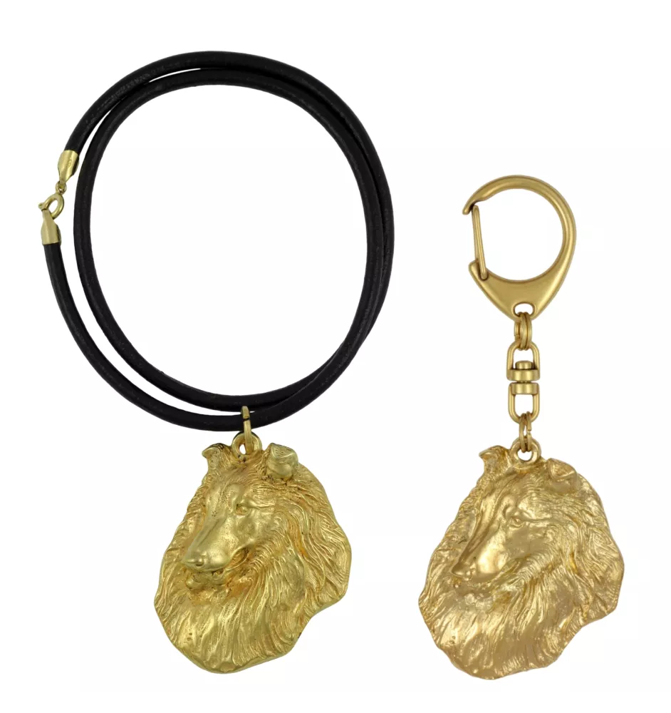 Langhaarcollie, Langhaariger Schottischer Schaferhund - Schlüsselanhänger und Halskette mit Hund in einer Box, vergoldetes Produkt von hoher Qualität, Marke Art-Dog
