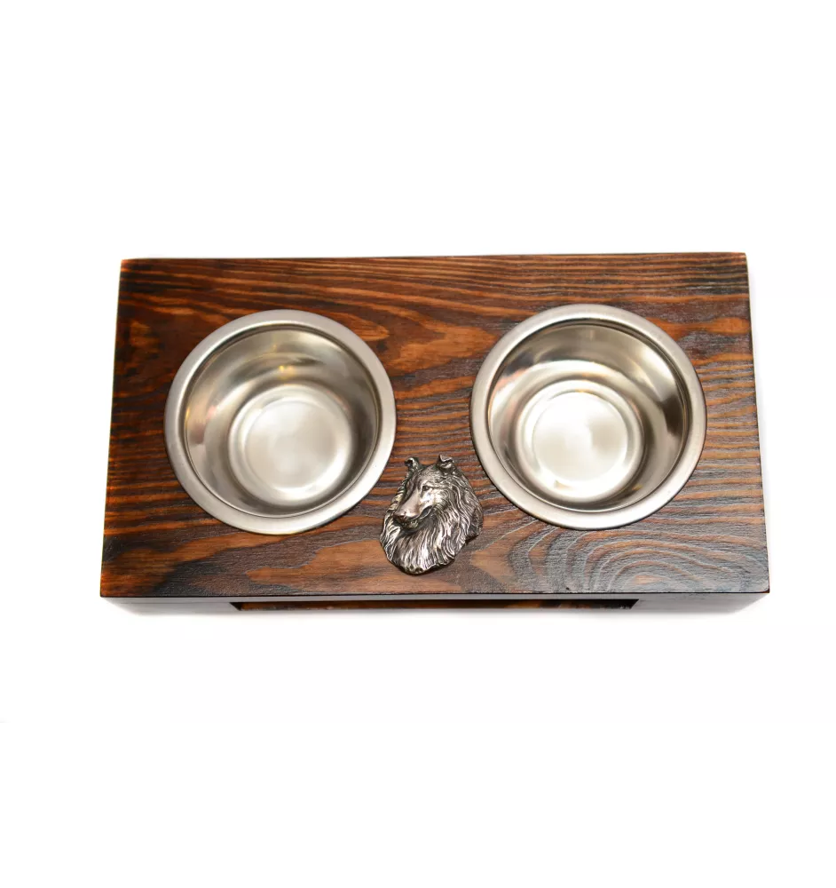 Langhaarcollie, Langhaariger Schottischer Schaferhund - Holzständer mit Näpfen für Hunde, Edelstahlnäpfe, Geschenk zur Adoption eines Hundes von der Marke Art-Dog