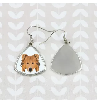 Collie à poil long, Colley à poil long, berger écossais - boucles d'oreilles avec une photo et un motif de chien géométrique Art-Dog