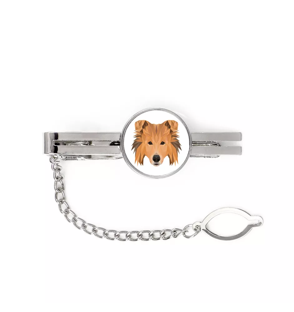 Collie à poil long, Colley à poil long, berger écossais - épingle de cravate géométrique avec photo et inscription Art-Dog