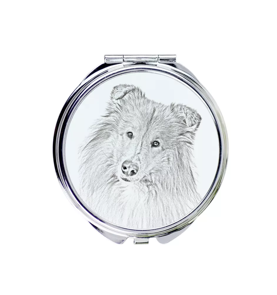 Langhaarcollie, Langhaariger Schottischer Schaferhund - Taschenspiegel mit Hund, personalisierter Taschenspiegel, kompakter Spiegel mit Art-Dog-Logo
