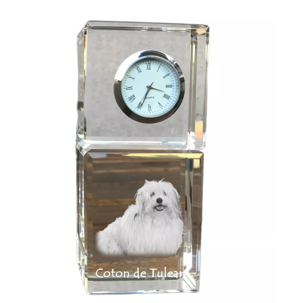 Coton de Tulear, Cotie - crystal clock with a photo, a photo of a dog in crystal, personalized desk clock by Art-Dog brand