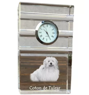 Coton de Tulear - une horloge en verre avec une photo, une photo de chien dans un cristal, une horloge de bureau personnalisée de la marque Art-Dog