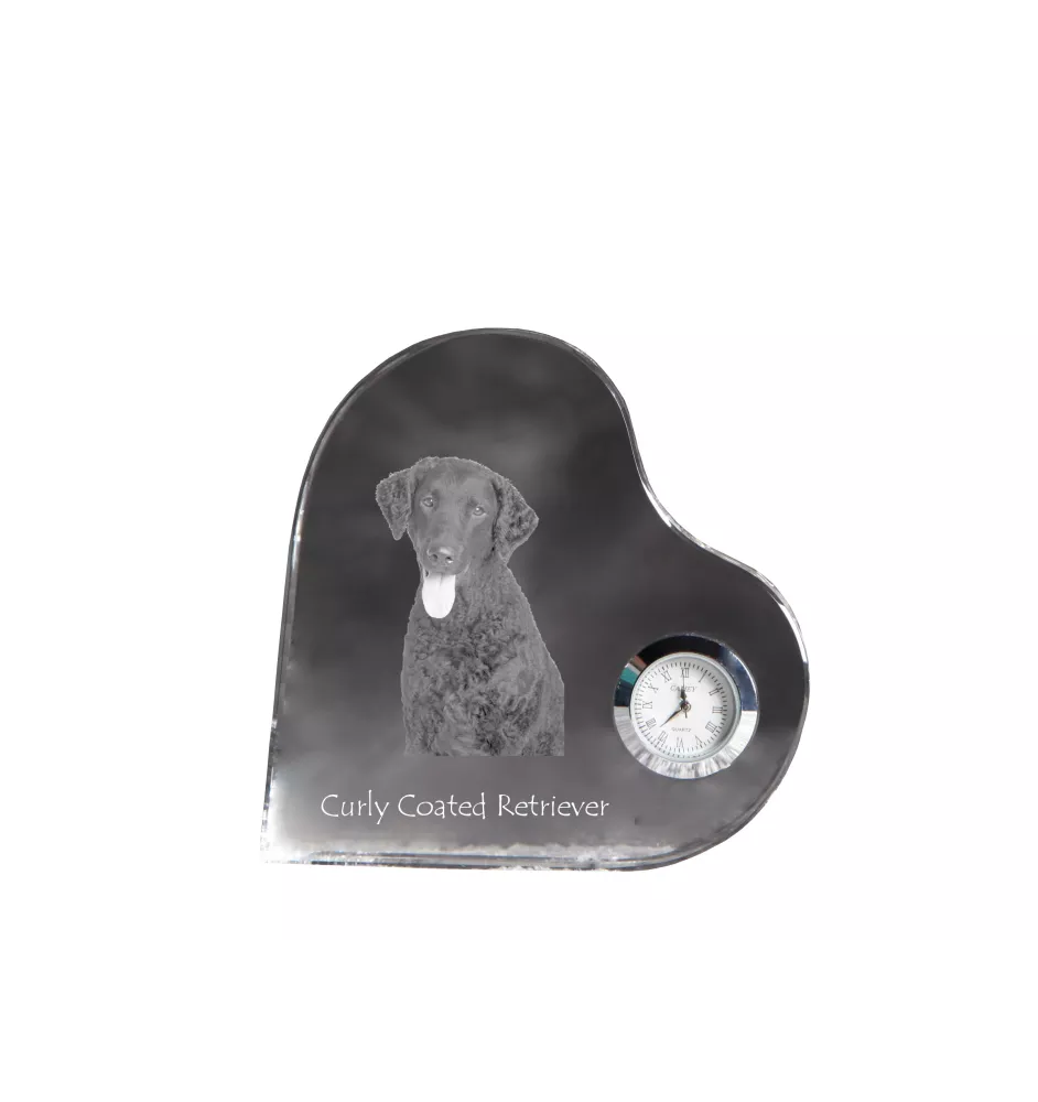 Retriever à poil bouclé, Curly Coated Retriever - horloge en cristal avec une photo de chien, horloge de table en forme de cœur, horloge debout personnalisée de la marque Art-Dog