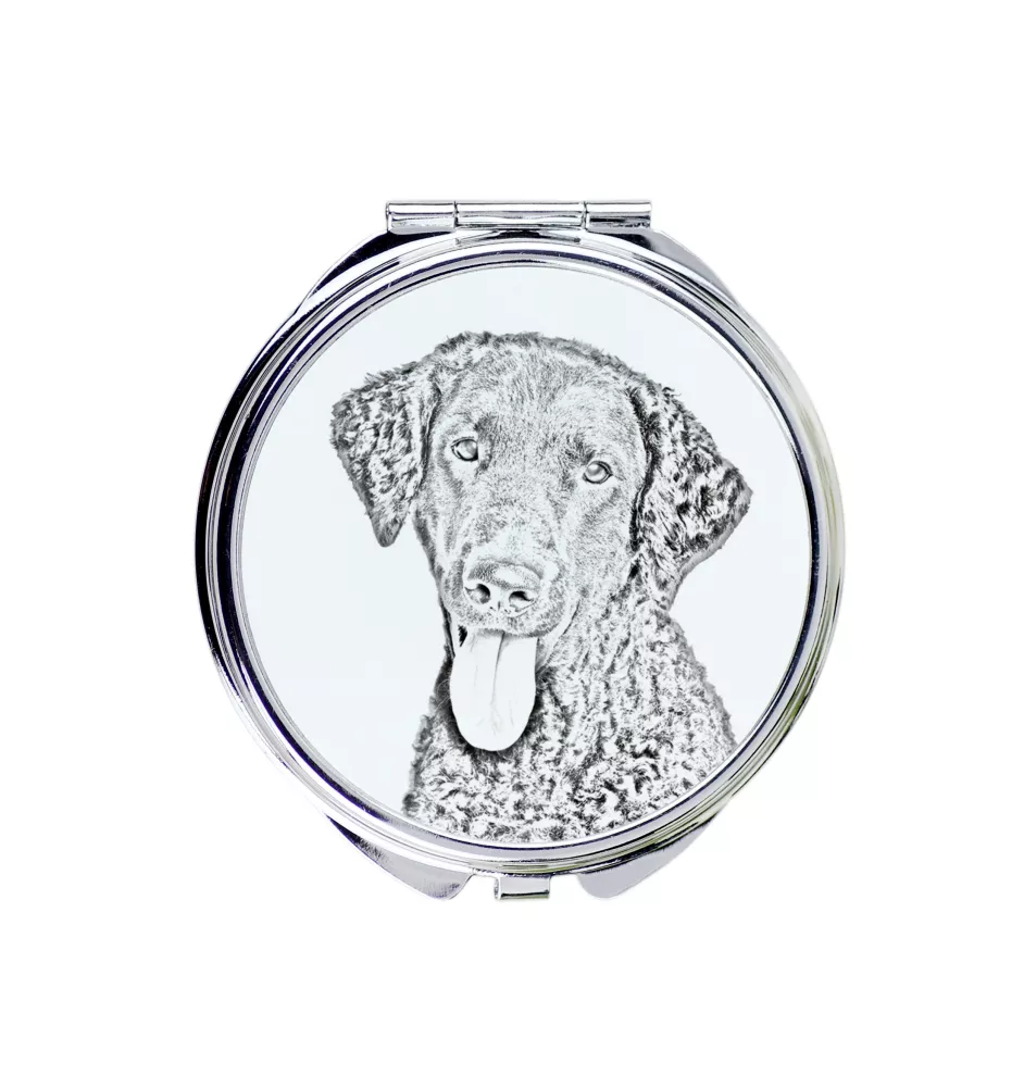 Curly Coated Retriever - Taschenspiegel mit Hund, personalisierter Taschenspiegel, kompakter Spiegel mit Art-Dog-Logo