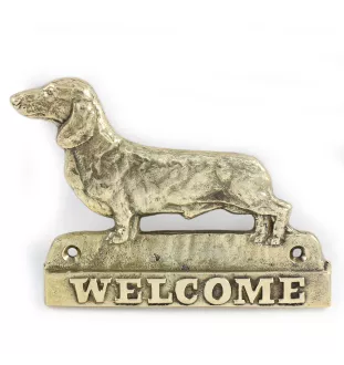 Dachshund - a door sign with a dog, a brass welcome plaque, a unique sign with the inscription Welcome from the Art-Dog brand