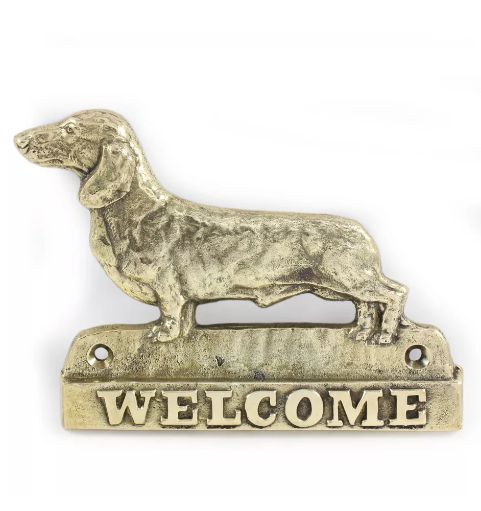 Dachshund - a door sign with a dog, a brass welcome plaque, a unique sign with the inscription Welcome from the Art-Dog brand