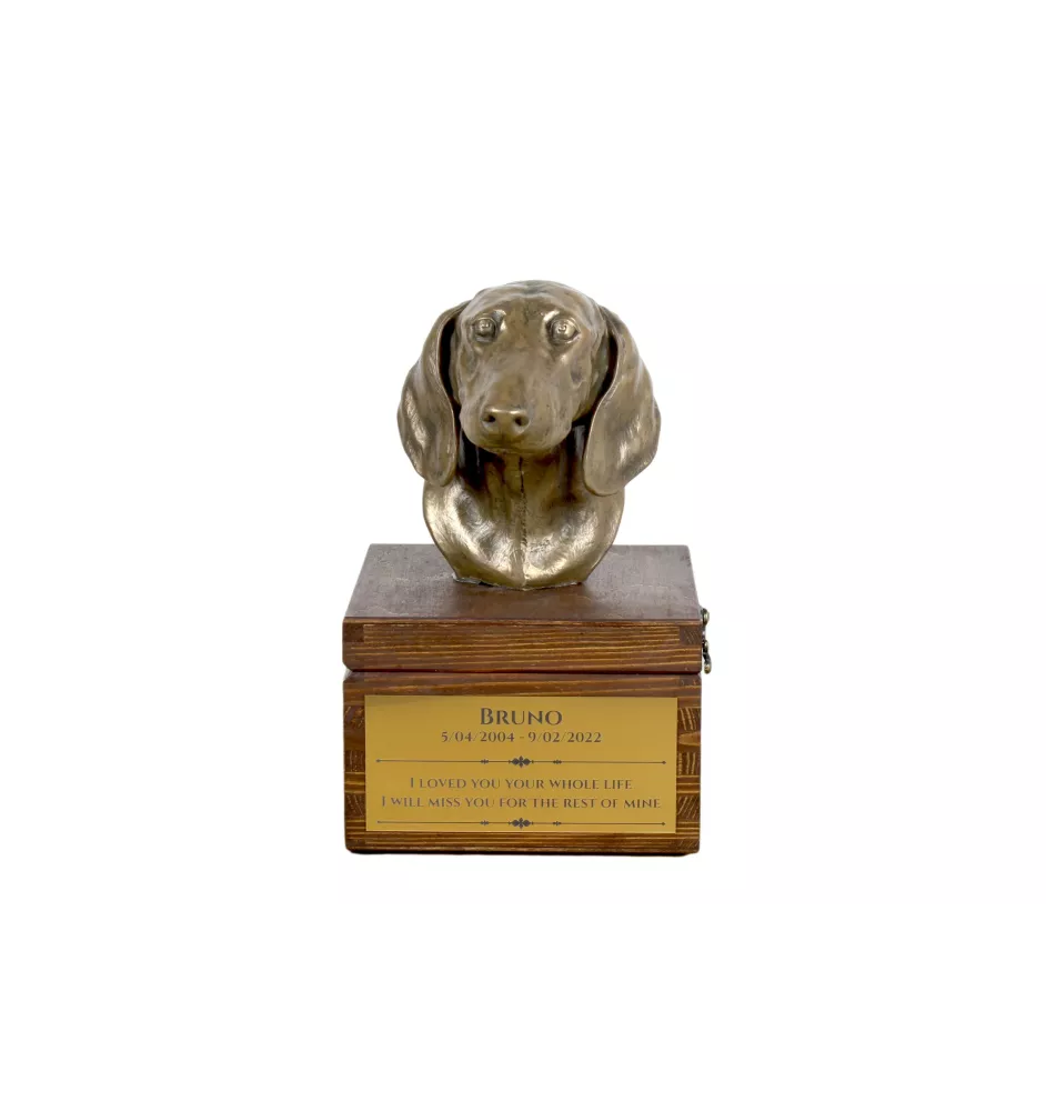 Dackel - Eine Ascheurne für Hunde mit einer Statuette, eine kleine Urne für Hunde, eine personalisierte Urne mit dem Porträt eines Hundes von der Marke Art-Dog.