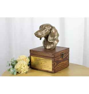 Dackel - Eine Ascheurne für Hunde mit einer Statuette, eine kleine Urne für Hunde, eine personalisierte Urne mit dem Porträt eines Hundes von der Marke Art-Dog.