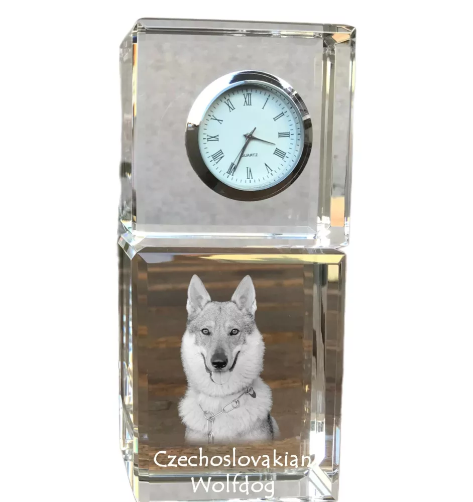 Tschechoslowakischer Wolfhund - Kristalluhr mit Foto, Hundebild im Kristall, personalisierte Schreibtischuhr von Art-Dog.