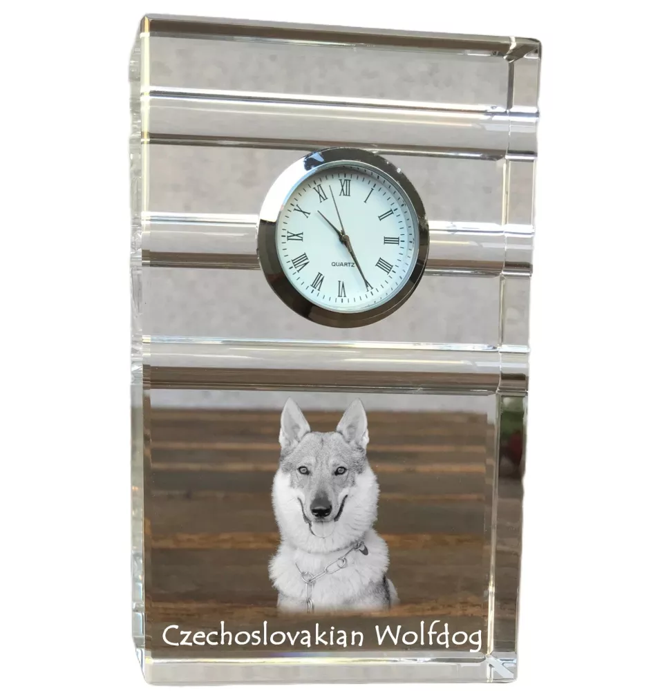 Czechoslovakian Wolfdog, Czechoslovak Vlcak - glass clock with a photo, photo of a dog in crystal, personalized standing office clock by Art-Dog brand