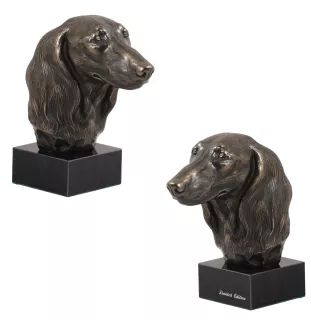 Dachshund Long-haired, Wiener dog, Badger dog - Dog statue, bust on stone base, sculpture, trophy for dog show by Art-Dog brand
