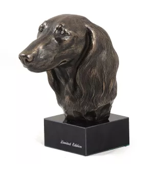Dachshund Long-haired, Wiener dog, Badger dog - Dog statue, bust on stone base, sculpture, trophy for dog show by Art-Dog brand