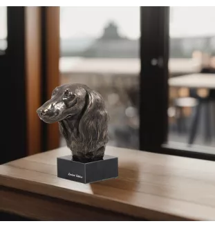 Dachshund Long-haired, Wiener dog, Badger dog - Dog statue, bust on stone base, sculpture, trophy for dog show by Art-Dog brand