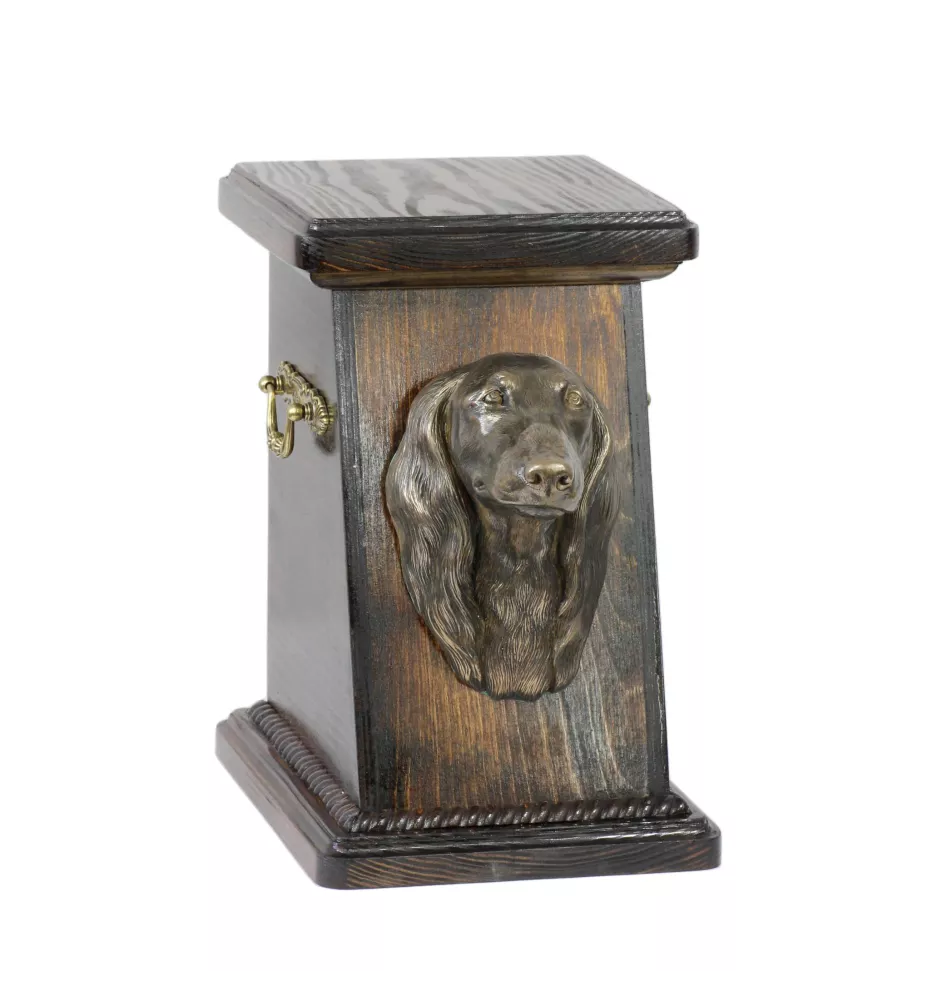 Dachshund Long-haired, Wiener dog, Badger dog - urn for dog ashes, elegant urn with a statue, commemorative urn with a bust of a dog by Art-Dog brand
