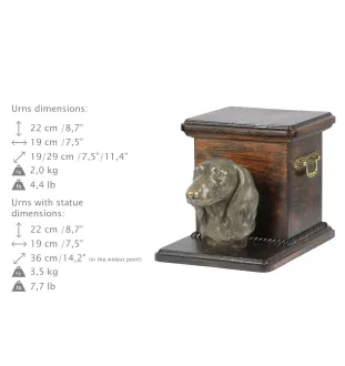 Dachshund Langhaar, Dackel, Teckel - Eine Urne für die Asche eines Hundes mit einer Statuette, eine elegante Urne für einen Hund, eine außergewöhnliche Urne mit dem Porträt eines Hundes von der Marke