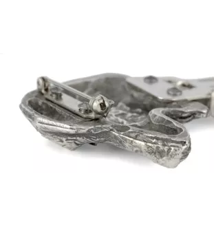 Dachshund Long-haired, Wiener dog, Badger dog - brooch with a clip, holder for a start number, silver-plated dog show pin from the Art-Dog brand