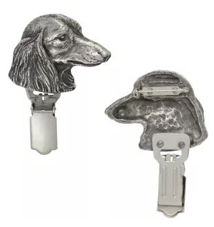 Dachshund Long-haired, Wiener dog, Badger dog - brooch with a clip, holder for a start number, silver-plated dog show pin from the Art-Dog brand