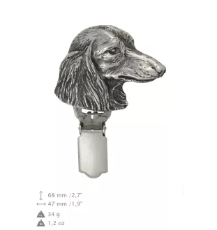 Dachshund Long-haired, Wiener dog, Badger dog - brooch with a clip, holder for a start number, silver-plated dog show pin from the Art-Dog brand