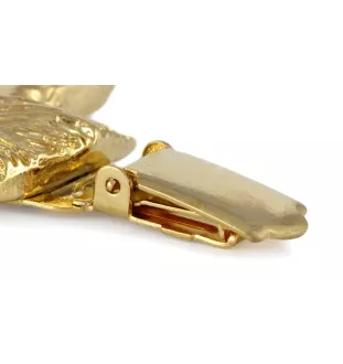 Dachshund Long-haired, Wiener dog, Badger dog - brooch with a clip, gold-plated holder for a race number, elegant dog show pin from Art-Dog brand