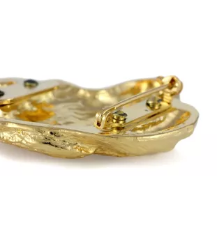 Dachshund Long-haired, Wiener dog, Badger dog - brooch with a clip, gold-plated holder for a race number, elegant dog show pin from Art-Dog brand