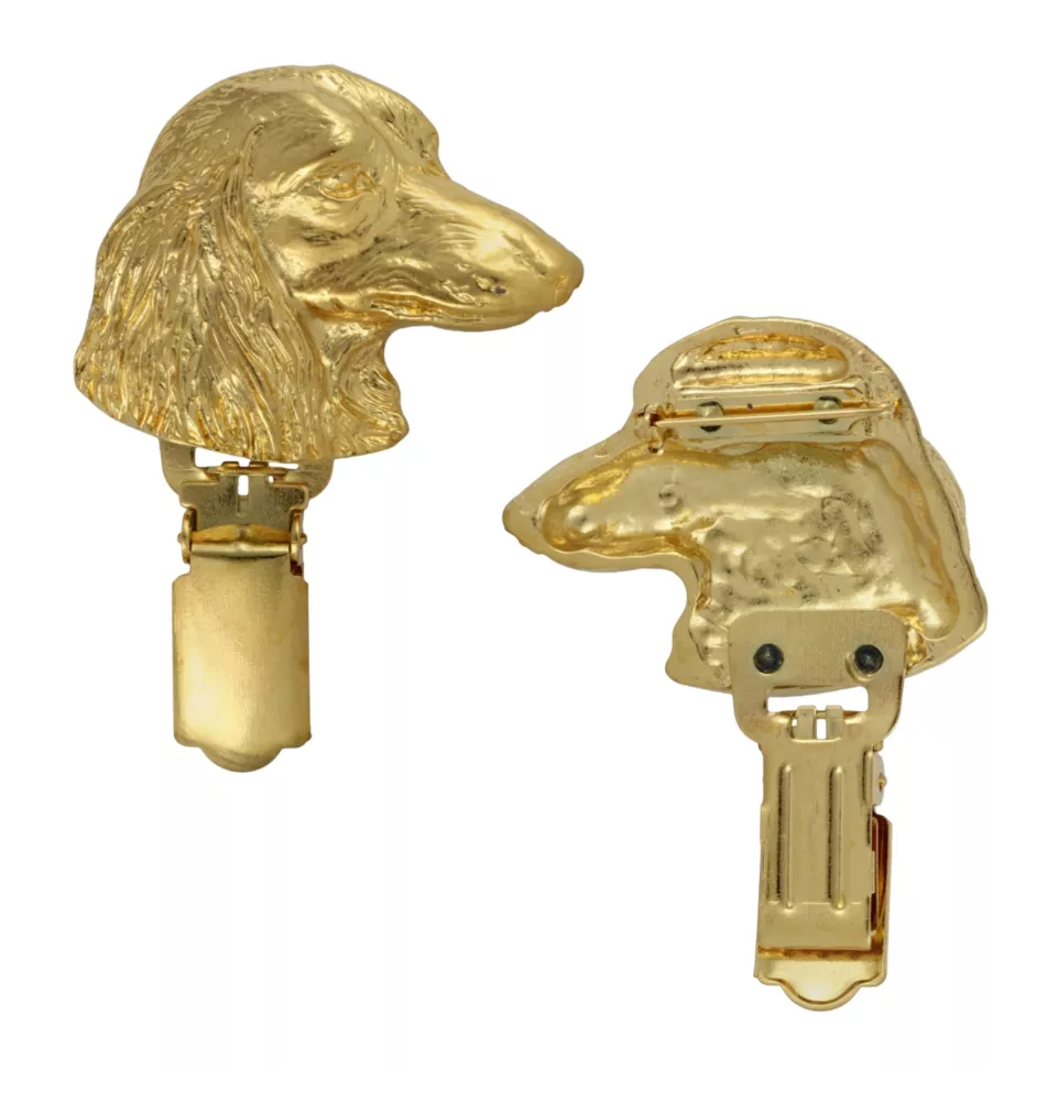 Dachshund Long-haired, Wiener dog, Badger dog - brooch with a clip, gold-plated holder for a start number, a gift for a dog show by Art-Dog brand.