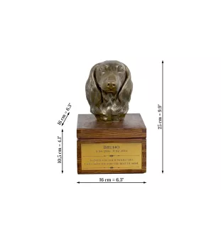 Dachshund Langhaar, Dackel, Teckel - Eine Ascheurne für Hunde mit einer Statuette, eine kleine Urne für Hunde, eine personalisierte Urne mit dem Porträt eines Hundes von der Marke Art-Dog.