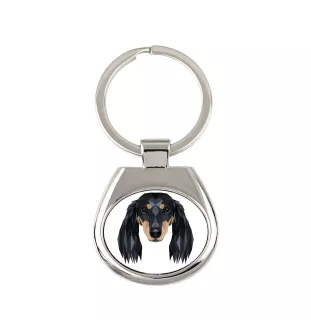 Teckel à poil long, Chien-saucisse - porte-clés géométrique avec photo et inscription Art-Dog