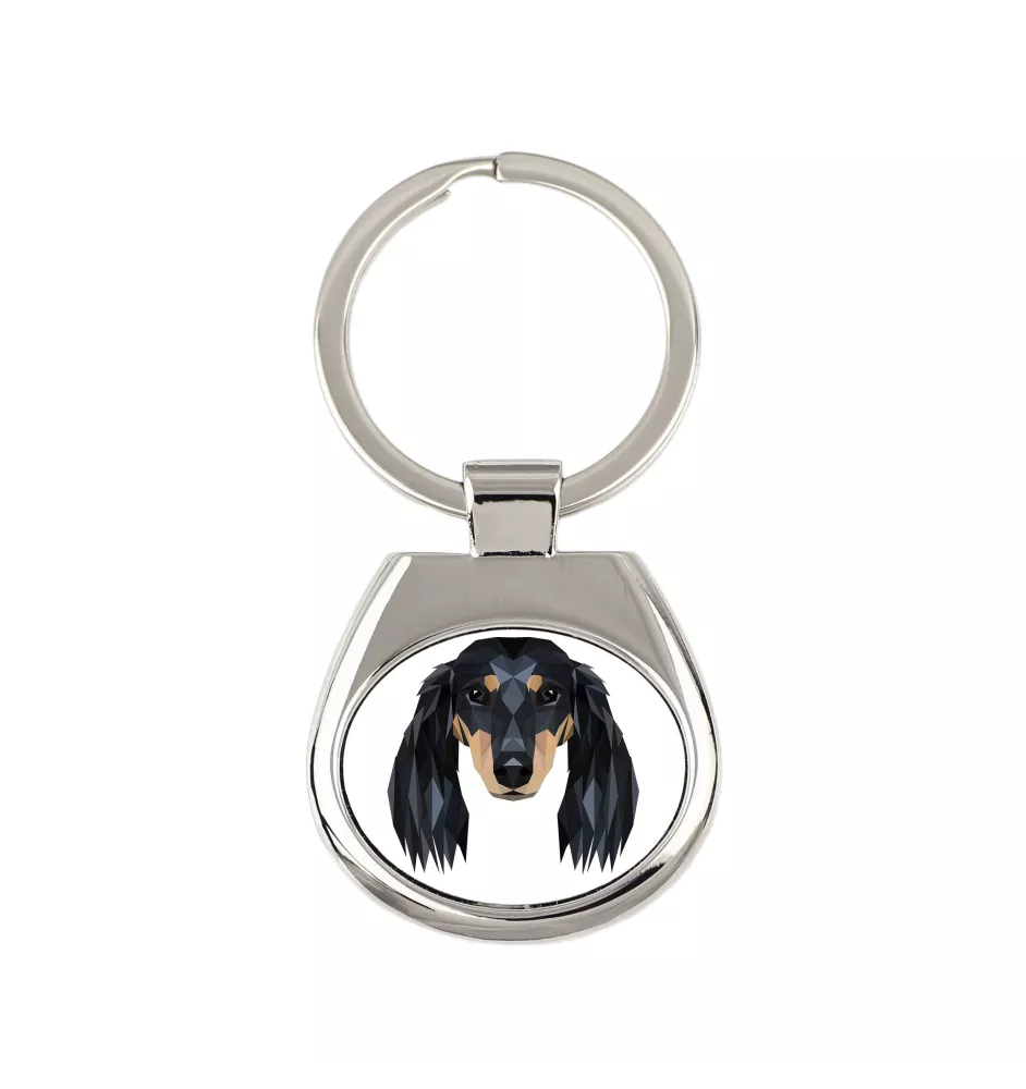 Dachshund Langhaar, Dackel, Teckel - geometrischer Schlüsselanhänger mit Foto und Aufschrift Art-Dog