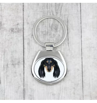 Dachshund Long-haired, Wiener dog, Badger dog - geometric keychain with a photo and the inscription Art-Dog