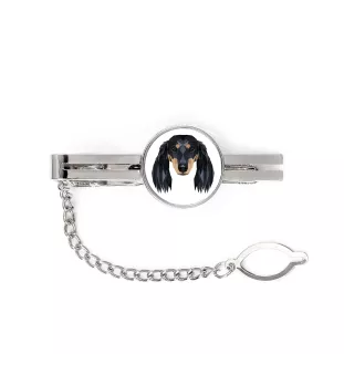 Dachshund Long-haired, Wiener dog, Badger dog - geometric tie clip with a picture and inscription from Art-Dog