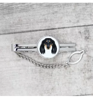 Dachshund Long-haired, Wiener dog, Badger dog - geometric tie clip with a picture and inscription from Art-Dog