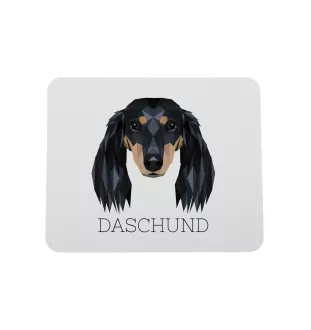 Dachshund Langhaar, Dackel, Teckel - geometrisches Mauspad mit Bild und Aufschrift von Art-Dog