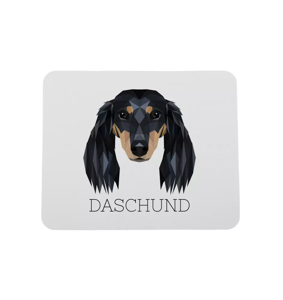 Dachshund Langhaar, Dackel, Teckel - geometrisches Mauspad mit Bild und Aufschrift von Art-Dog