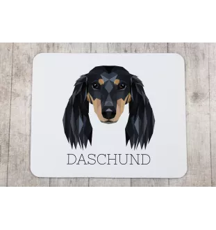 Dachshund Langhaar, Dackel, Teckel - geometrisches Mauspad mit Bild und Aufschrift von Art-Dog