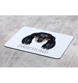 Dachshund Langhaar, Dackel, Teckel - geometrisches Mauspad mit Bild und Aufschrift von Art-Dog